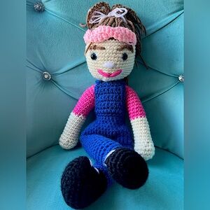 Pink and Blue Stuffed Animal Crochet Miss Rachel Doll